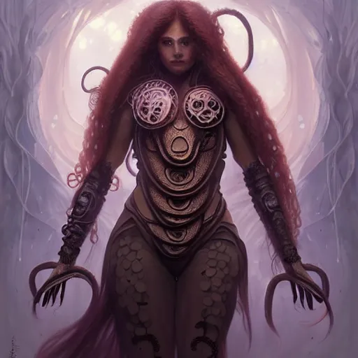 Prompt: photo of a humanoid octopus hybrid were a heroic dress an armour in the forest, long hair, highly detailed, digital painting, artstation, smooth, sharp focus, illustration, art by artgerm and greg rutkowski and alphonse mucha
