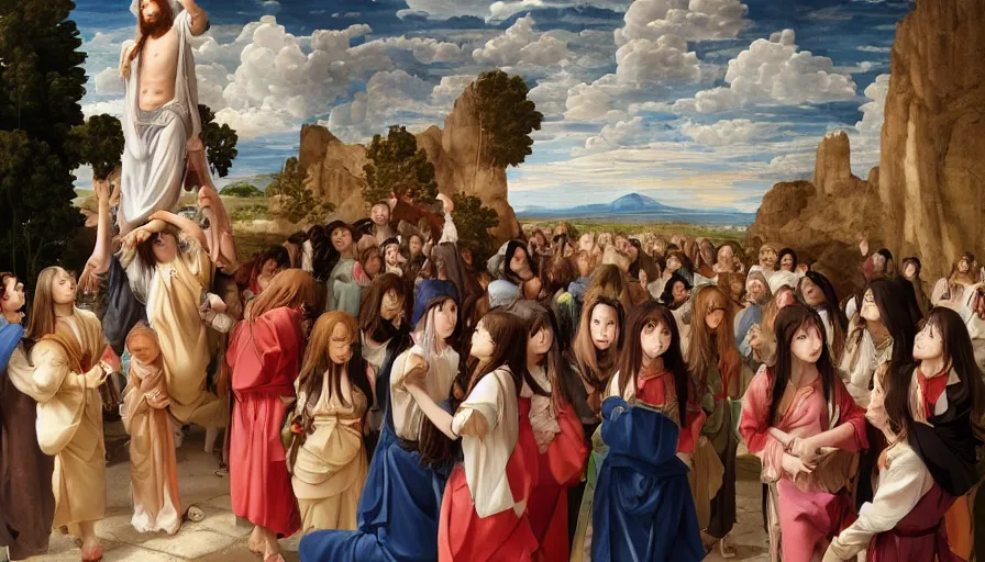 Image similar to jesus christ our lord being carried by cute lightly dressed anime girls, photorealistic, anime, mini skirt, long hair, renaissance painting, hyper real, detailed, wide angle shot, ultra detailed