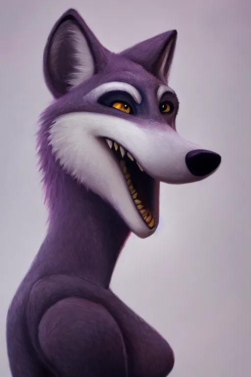 Image similar to oil painting of anthromorphic female wolf, in style of zootopia, female fursona, furry, furaffinity, 4 k, deviantart, furry art, fursona art, wearing black business suit, business suit, wolf fursona, cyberpunk, female, very expressive detailed feminine face,