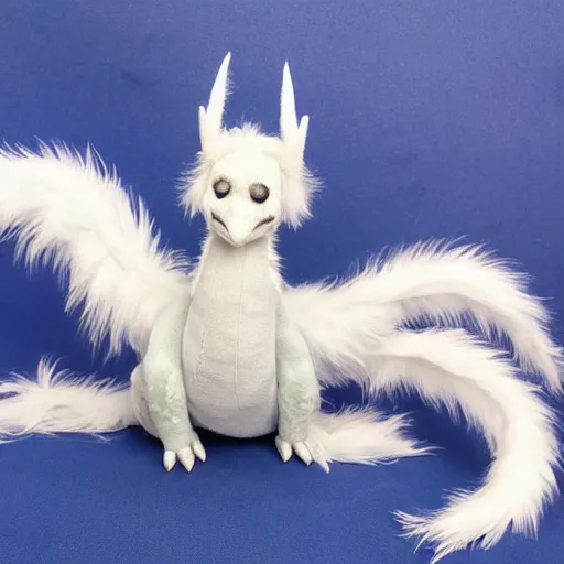 Image similar to white furry dragon with a blue neck mane and 2 grey horns