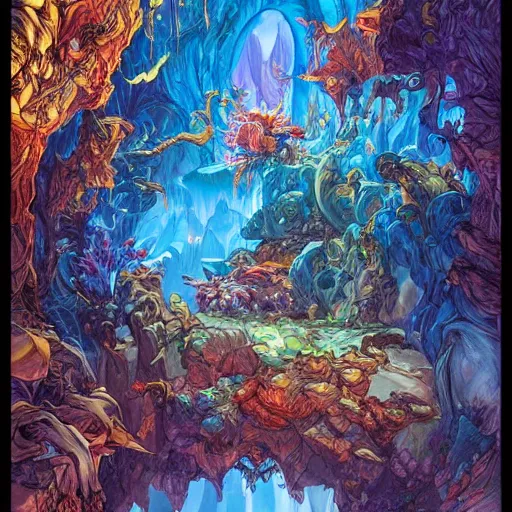 Image similar to a doorway that creates enchantment, displaying strange, magnificent, colourful landscapes, highly detailed, smooth, sharp focus, bold colours, high contrast, unique, graphic novel, art by michael choi and joe madureira,