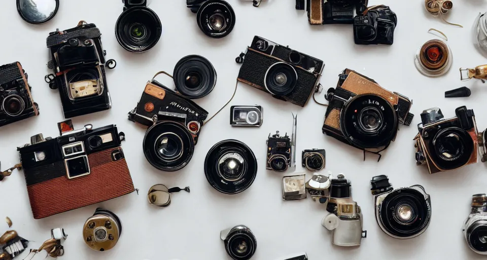 Image similar to a knolling of vintage cameras, overhead view, flatlay