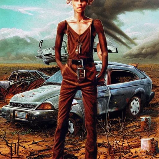 Prompt: a skinny elf with spiky blonde hair wearing dark brown overalls and holding dynamite standing next to a destroyed car, painting by Jim Burns