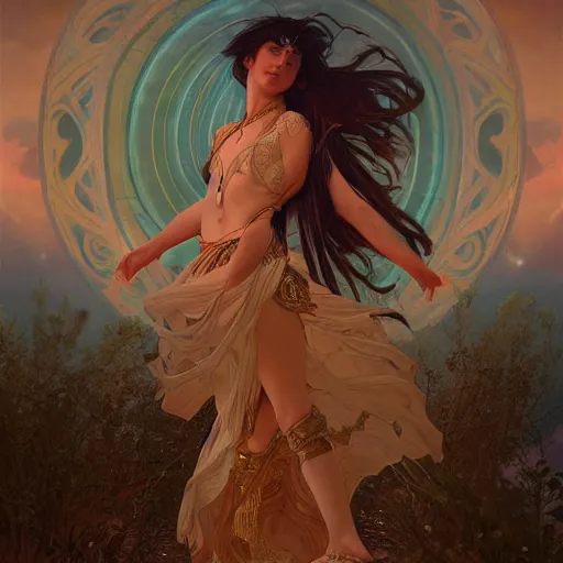 Image similar to a goddess dancing in the desert, glowing eyes, fantasy, intricate, realism, highly detailed, digital painting, artstation, concept art, smooth and sharp focus, illustration, art by tan zi and ayanamikodon and alphonse mucha and wlop