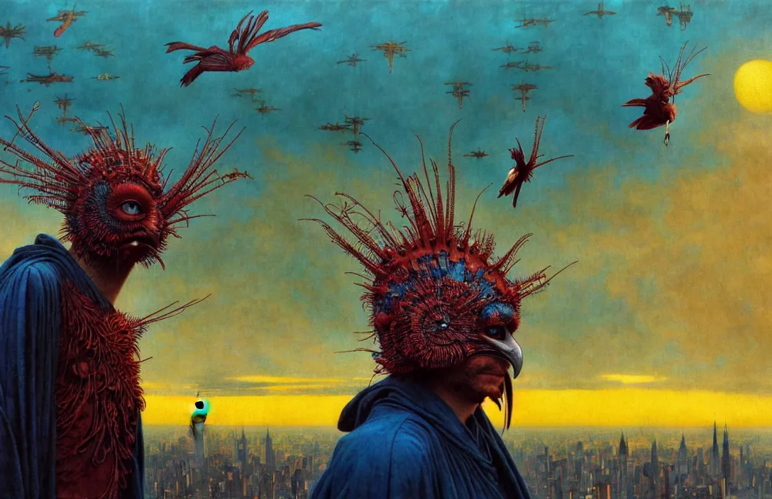 Prompt: realistic detailed portrait movie shot of a birdman wearing dark ragged robes, futuristic city sunset landscape background by denis villeneuve, amano, yves tanguy, alphonse mucha, ernst haeckel, max ernst, wayne barlowe, masterpiece, rich moody colours, bird head, blue eyes, hyperdetailed