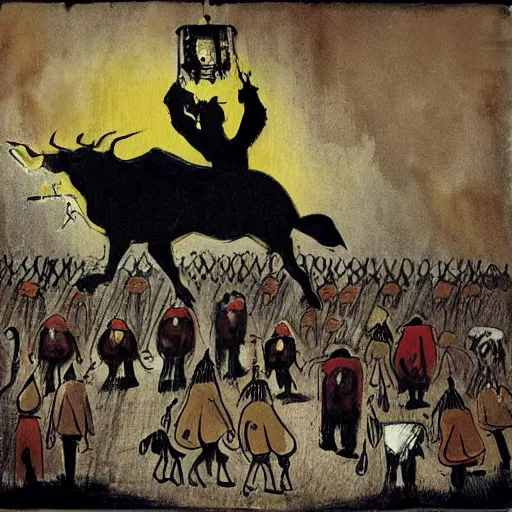 Image similar to ecstatic by alexander jansson dark black, ochre. a illustration of a bullfight in spain. the illustration is set in an arena with spectators in the stands. several figures in the illustration, including a matador & a bull.