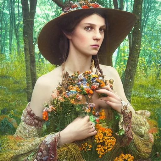 Image similar to portrait of a beautiful enchanted pagan female, depth of field, zeiss lens, detailed, symmetrical, centered, by annie leibovitz and steve mccurry, david lazar, jimmy nelsson, alphonse mucha, klimt, breathtaking, 8 k resolution, extremely detailed, beautiful, establishing shot, artistic, hyperrealistic, beautiful face, octane render