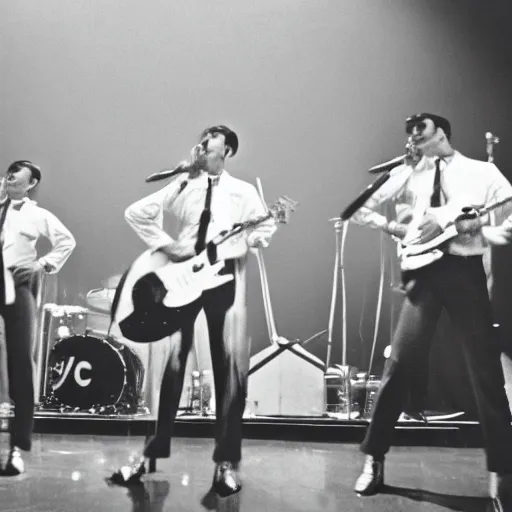 Prompt: still from a 1 9 6 0 s concert film, a group of 4 men dressed in peppermint themed sailor outfits play a rock concert, moody lighting, viewed from afar, cinematic shot