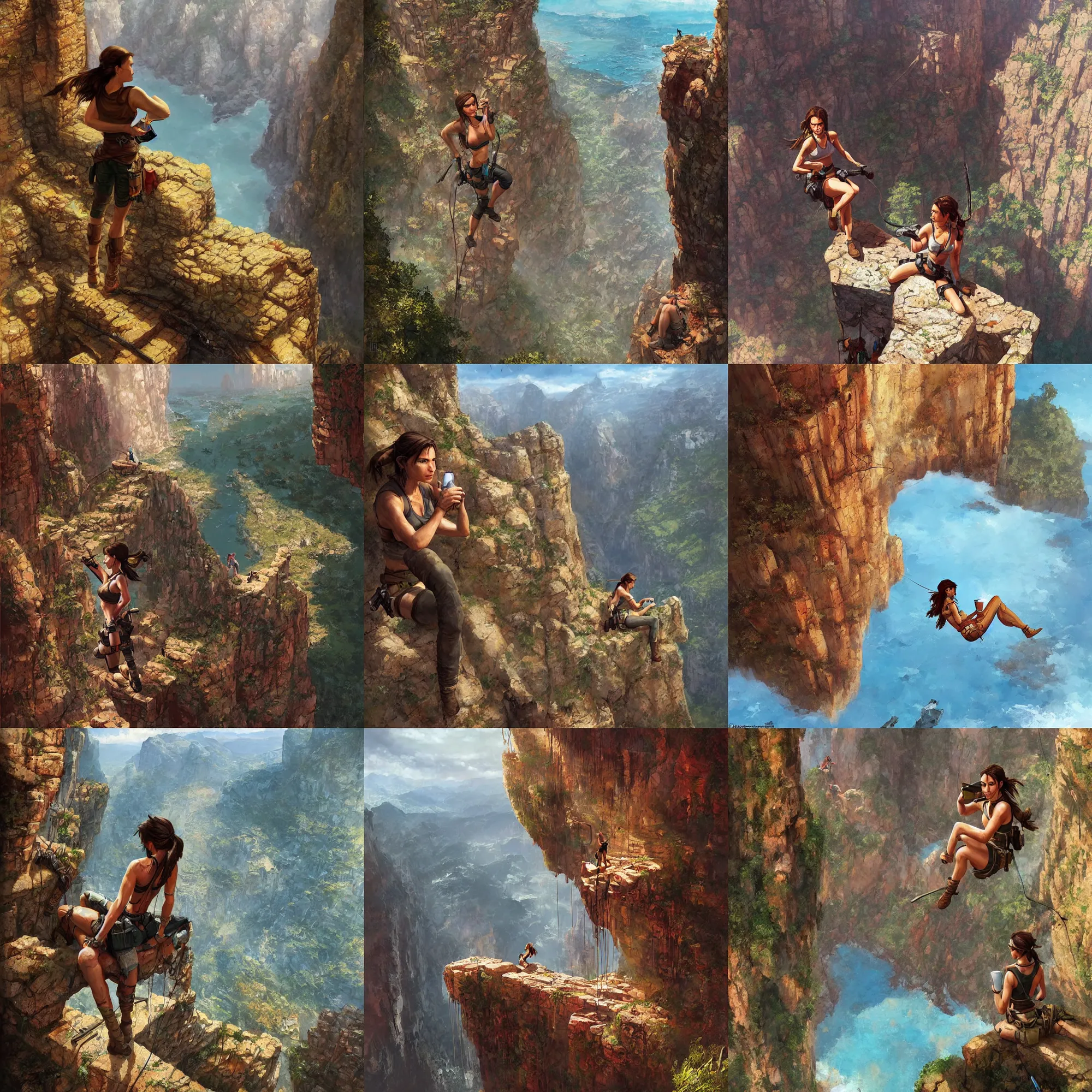 Prompt: Lara Croft contemplating life while drinking coffee on a high cliff face after a long adventure, painted by Marc Simonetti