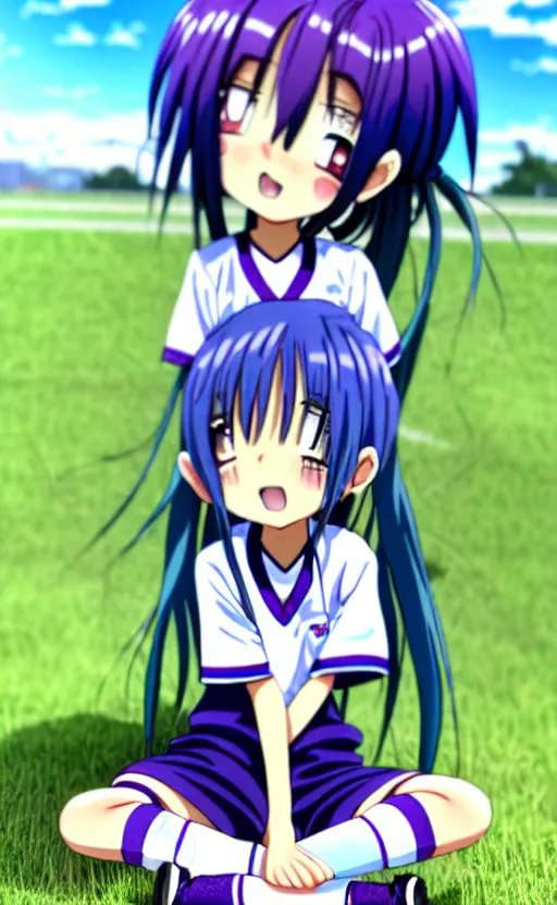 Prompt: A cute young 2D anime girl with long blueish indigo hair, wearing a white soccer uniform with shorts, soccer ball against her foot, sitting on one knee in a large grassy green field, shining golden hour, she has detailed black and purple anime eyes, extremely detailed cute anime girl face, she is happy, child like, kid, black anime pupils in her eyes, Haruhi Suzumiya, Umineko, Lucky Star, K-On, Kyoto Animation, she is smiling and happy, tons of details, sitting on one knee on the grass, chibi style, extremely cute, she is smiling and excited, her tiny hands are on her thighs, she has a cute expressive face