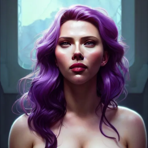 Prompt: portrait of seductive scarlett johanson, purple hair, attractive features, slight smile, highly detailed, digital painting, artstation, concept art, sharp focus, illustration, art by WLOP and greg rutkowski and alphonse mucha and artgerm