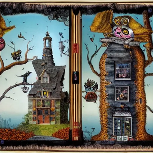 Prompt: a house with a tower, owl, birds, cheese, lowbrow in the style of mark ryden and daniel merriam,