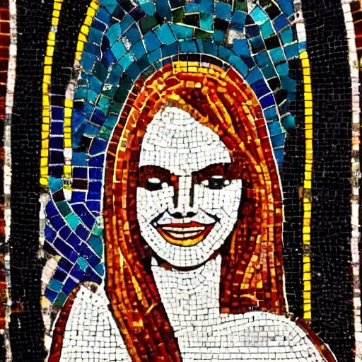 Image similar to beautiful detailed colorful emma stone in zeugma mosaic, many small stones, extreme detail