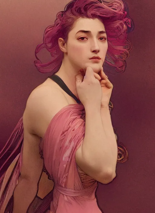 Image similar to JOJI wearing a pink suit elegant suit, singing in the dark, close-up, nighttime, portrait art by alphonse mucha and greg rutkowski, highly detailed, digital painting, concept art, illustration, dim lighting with twilight rays of sunlight, trending on artstation, very detailed, smooth, sharp focus, octane render, close up