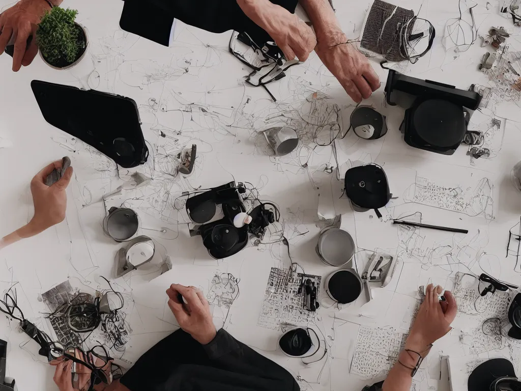 Image similar to pov candid photo of my hands at my desk, rows upon rows of perfectly organized knolled objects during sunrise in a cozy open - air design studio by james turrell, scale model floating in midair in front of me, brilliant daylight vr os ux, leica 8 k still from an a 2 4 film