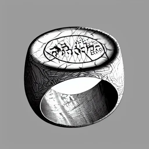 Image similar to the ring from lord if the rings with an imprinted ruler, cm scale imprinted on the inside of the ring, one ring to rule them all, highly detailed, 8 k, trending on artstation, mystic, rpg artwork