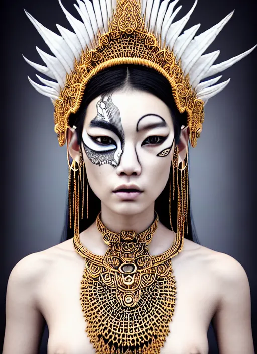 Image similar to absurdly beautiful young thai woman with symmetrical white makeup, wearing an intricate headdress made from bones and leather, wearing large earrings made from white bones, hyperdetailed illustration by irakli nadar and alexandre ferra, intricate linework, in the style of a national geographic portrait, unreal engine 5 highly rendered, global illumination, radiant light, detailed and intricate environment