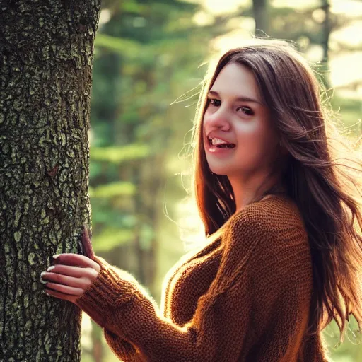 Image similar to real life photo of a beautiful girl, full body photoshoot, long brown hair, brown eyes, full round face, short smile, belly free, brown sweater, forest setting, cinematic lightning, medium shot, mid - shot, highly detailed, trending on artstation, unreal engine 4 k, 8 0 mm, 8 5 mm, cinematic wallpaper