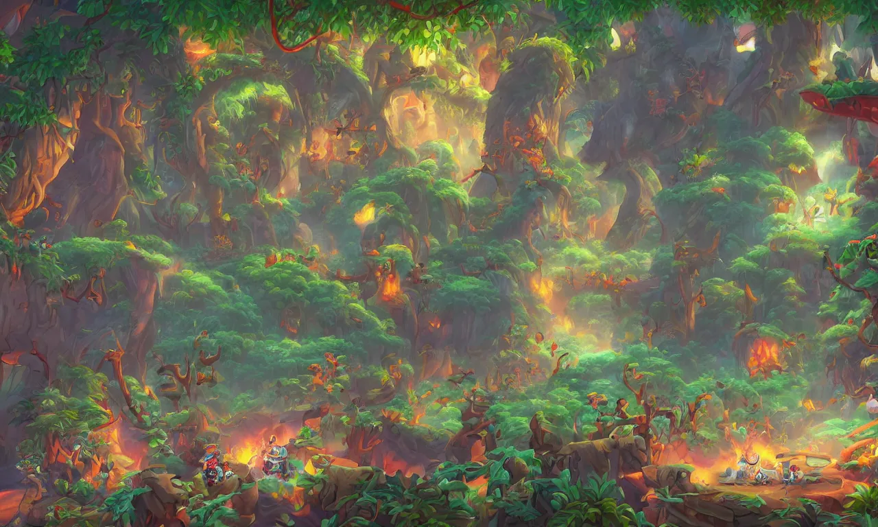 Image similar to A beautiful painting of dreamscape dofus jungle winter in Xenoblade Chronicles video game land world screenshot by Carl Warner and Jim Woodring, Trending on artstation:1.5, sweet joy harmony color scheme white,black,light,fire:-1