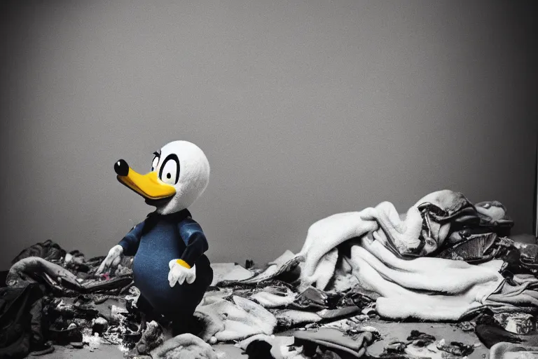 Image similar to donald duck hide in dark corner of dirty messy room, smiling, warm low light, dream core, horror