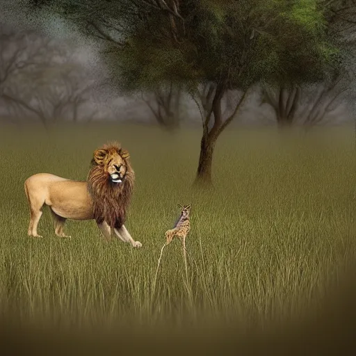 Prompt: A lion observing a deer from a bush in an African Savannah, digital art, photorealistic ,award winning