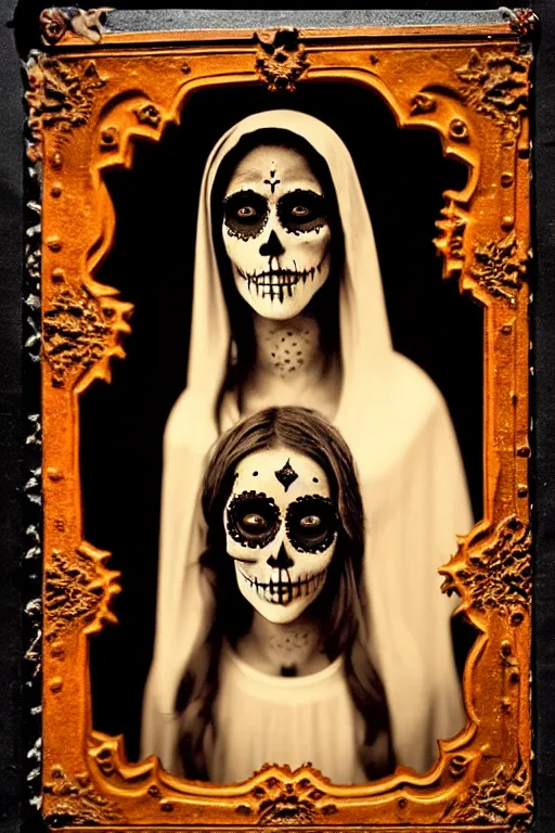 Image similar to tintype virgin mary in dia de muertos dress and make up, horrific beautiful vibe, evocative, atmospheric lighting, painted, intricate, highly detailed,