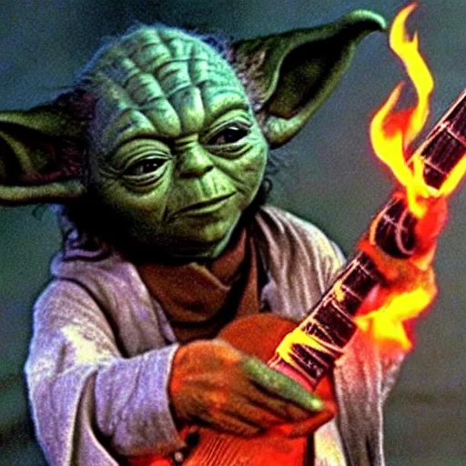 Prompt: yoda performing at woodstock in the year 1969 with a flaming guitar on stage, hyper realistic, 8k, real, photo
