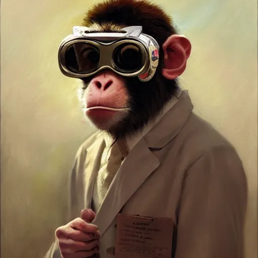 Prompt: portrait of a monkey doctor, artwork by gaston bussiere, craig mullins, trending on artstation, monkey dressed as a scientist, using googles and wearing a doctor coat