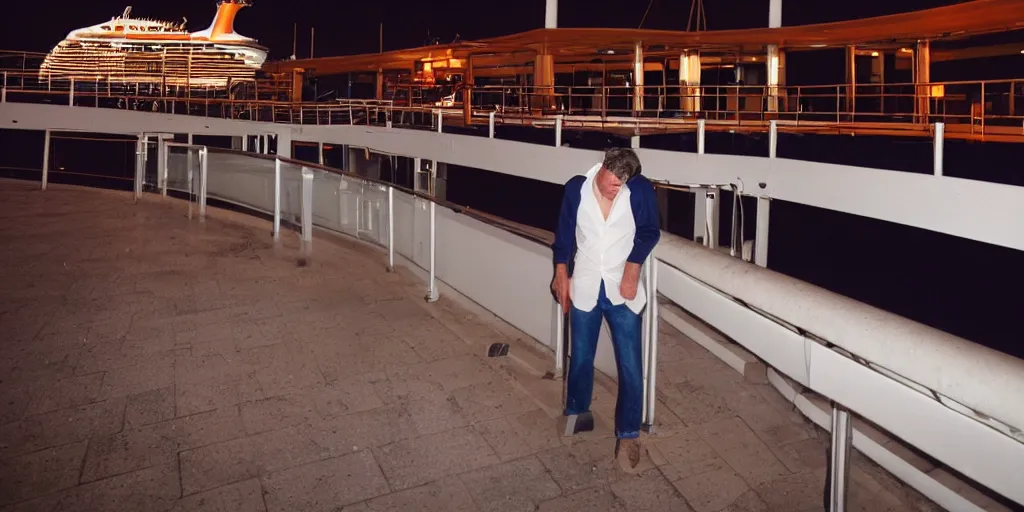 Prompt: a sad man leaning against the guardrail on a cruise ship smoking a cigarette at midnight