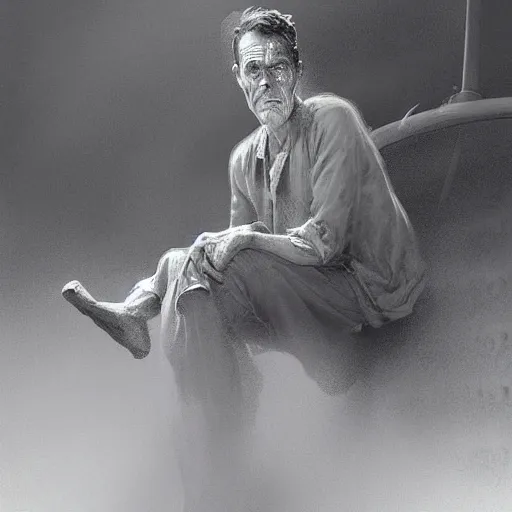 Image similar to a highly detailed epic cinematic concept art CG render digital painting artwork costume design: Henry Fonda as a 1950s tired disillusioned poet, barefoot, smoking a cigarette. volumetric lighting. By Greg Rutkowski, in the style of Francis Bacon and Syd Mead and Norman Rockwell and Beksinski, open ceiling, highly detailed, painted by Francis Bacon and Edward Hopper, painted by James Gilleard, surrealism, airbrush, Ilya Kuvshinov, WLOP, Stanley Artgerm, very coherent, triadic color scheme, realistic facial expression, art by Takato Yamamoto and James Jean