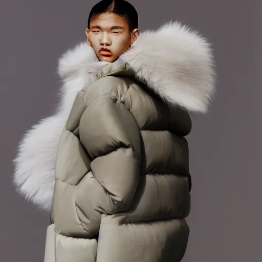 Image similar to realistic photoshooting for a new balenciaga lookbook, color film photography, portrait of a blonde asian woman, model wearing a puffer jacket, photo in style of tyler mitchell, 3 5 mm,