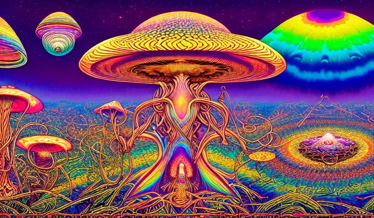 Prompt: an expansive rendering of beautiful and complex interwoven spiritual connection between all beings by dan mumford, by jim fitzpatrick, by joe wilson, by jim burns, by victo ngai, by jacek yerka, surrounded with colorful magic mushrooms and rainbowcolored marihuana leaves, insanely integrate, featured on deviant art, trending on artstation