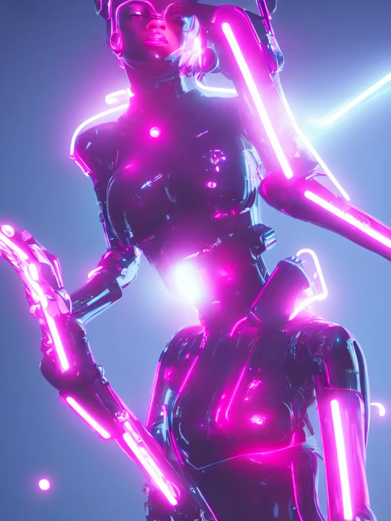 Image similar to cinematic, photography, a beautiful rihanna cyborg, perfect bionic body, pink chrome armor, neon holographic ui data displays, pink space gun, hajime sorayama, masamune shirow, octane rendered, 4 k, lens flare,