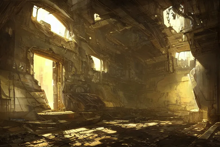 Prompt: an ancient damaged spaceship in the interior of an post - apocalyptic cyberpunk courtyard an old oak tree grows inside the courtyard golden rays of sunlight enter through the window gold neon lights digital art trending artstation beautiful cinematic light