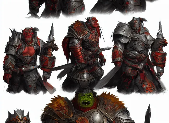 Prompt: three different views of orcs in armour, colourful concept art by senior character artist, trending on artstation, artstation hd, full body, ultra - realistic! intricate!