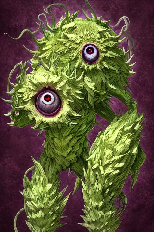 Image similar to a humanoid artichoke monster with large orb eyes, highly detailed, digital art, sharp focus, trending on art station, plant, anime art style