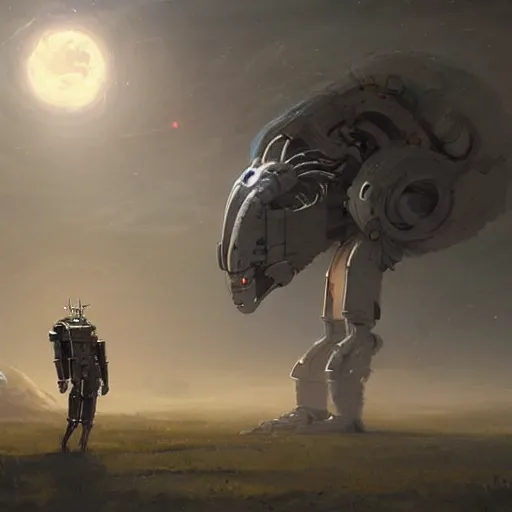 Image similar to A were-robot, howling at the Moon, fantasy art by Greg Rutkowski