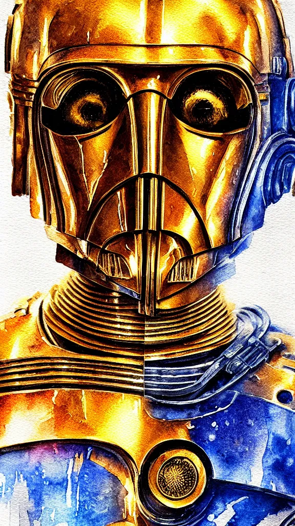 Prompt: a portrait of c - 3 po in a watercolor style. faded wash. style of robert hagan. color harmony, 8 k detail, gallery quality, hd wallpaper, premium prints available, hyper - detailed, intricate design.