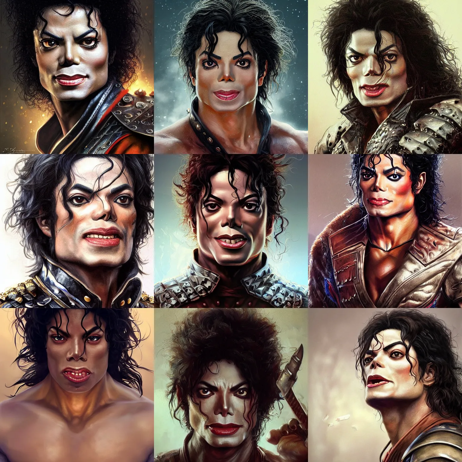 Prompt: michael jackson! goblin ! very close portrait of angry rugged barbarian, muscular, upper body, 👅 👅 , D&D, fantasy, intricate, elegant, highly detailed, digital painting, artstation, concept art, smooth, sharp focus, illustration, art by artgerm and greg rutkowski and alphonse mucha