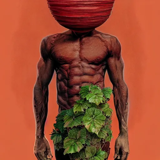 Image similar to Ripped Physique Portrait of a Venus Flytrap Guy wearing a Venus Flytrap costume plant disguised as a human standing atop a red clay pot greg rutkowski anna podedworna arthur rackham salvador dali octavio ocampo jacek yerka winslow homer norman rockwell inio asano prismacolor tombow quill