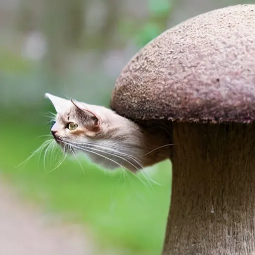 Image similar to a small domestic housecat with a broad mushroom growing atop its head