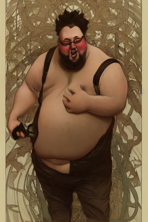 Image similar to portrait of the nostalgia critic as a pathetically weak chubby man, forest, full body, obese, fantasy, intricate, elegant, highly detailed, digital painting, artstation, concept art, sharp focus, illustration, art by artgerm and greg rutkowski and alphonse mucha