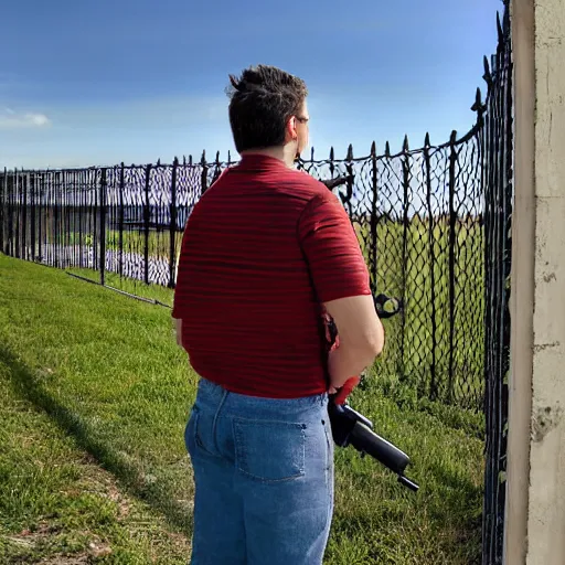 Image similar to Young man standing looking to the right in a red bandana, blue striped shirt, gray vest and a gun with a partly cloudy sky in the background. The young man is standing in front of an iron fence. Photograph. Real life