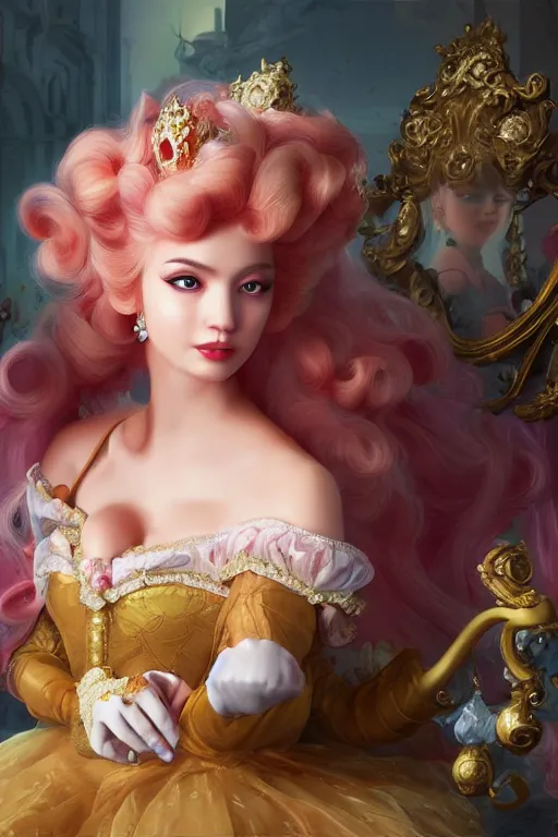 Prompt: Princess peach, super mario, dramatic, elaborate emotive Baroque and Rococo styles to emphasize beauty as a transcendental, 8k image, ultra-realistic, the style of WLOP