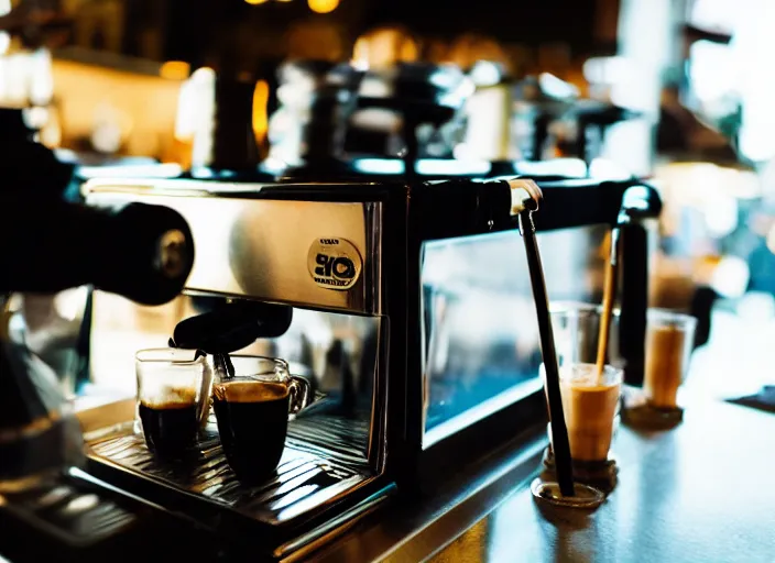 Prompt: a 2 8 mm macro photo from the back of a barista standing at the espresso machine in a cozy cafe, splash art, movie still, bokeh, canon 5 0 mm, cinematic lighting, dramatic, film, photography, golden hour, depth of field, award - winning, anamorphic lens flare, 8 k, hyper detailed, 3 5 mm film grain, hazy