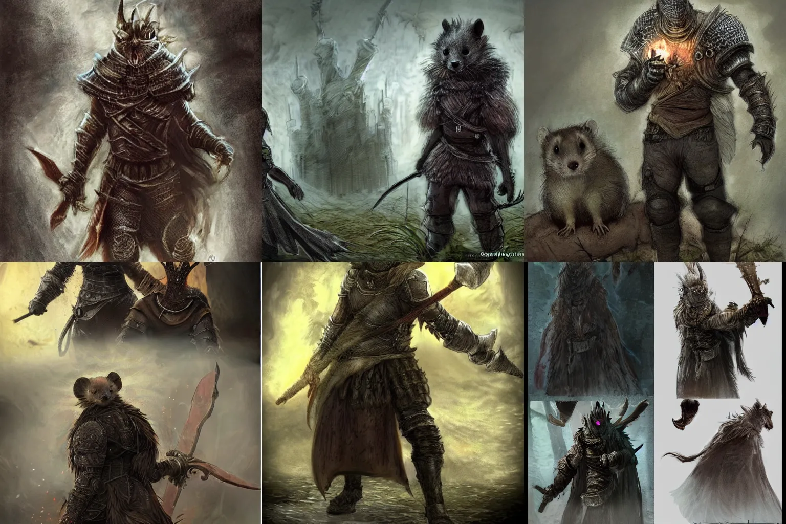 Prompt: realistic concept art for a dark souls fantasy movie about a ferret in the real world