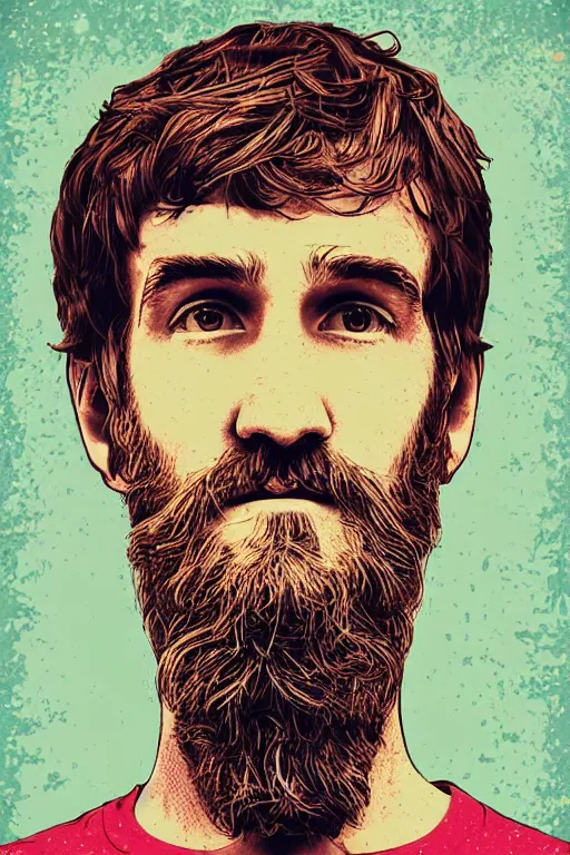 Image similar to inspirational style hope poster of bo burnham with beard, psychedelic colors, highly detailed, realistic, loving, beautiful composition