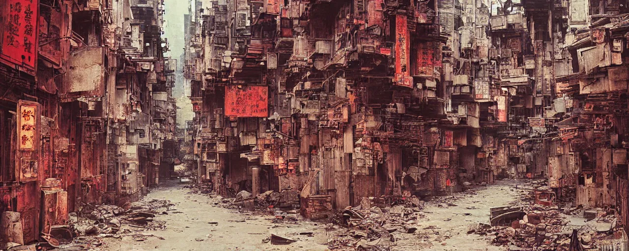 Prompt: digital painting, speedpainting, wideangle view of an alley in kowloon walled city, dirty, decaying, evening, cinestill, art by syd mead