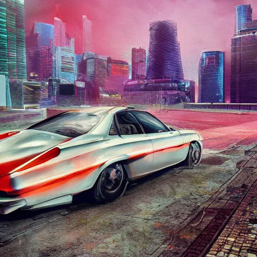 Image similar to cyberpunk synthwave an old soviet car in the soviet yard, intricate, elegant, concept art, smooth, sharp, focus, futuristic, cgsociety, in the style of artstation