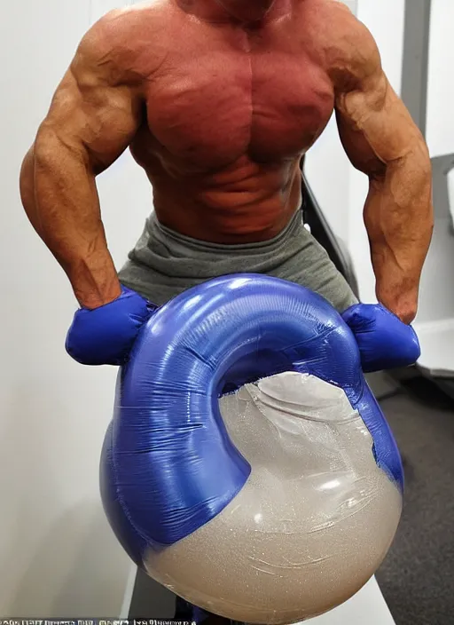 Prompt: deflating muscles, bodybuilder sprang a leak, air hole hissing, leaking air, deflate like a balloon, poked a hole in the muscles